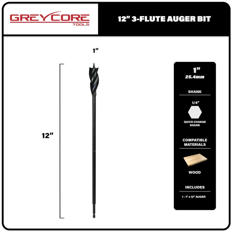 Greycore Tools 1 Inch x 12 Inch 3-Flute Auger Bit, Wood Drill Bit for Hard and Soft Wood, 1/4    Quick Change Shank, Woodworking Auger Bits (1    x 12    Auger) - Image 2